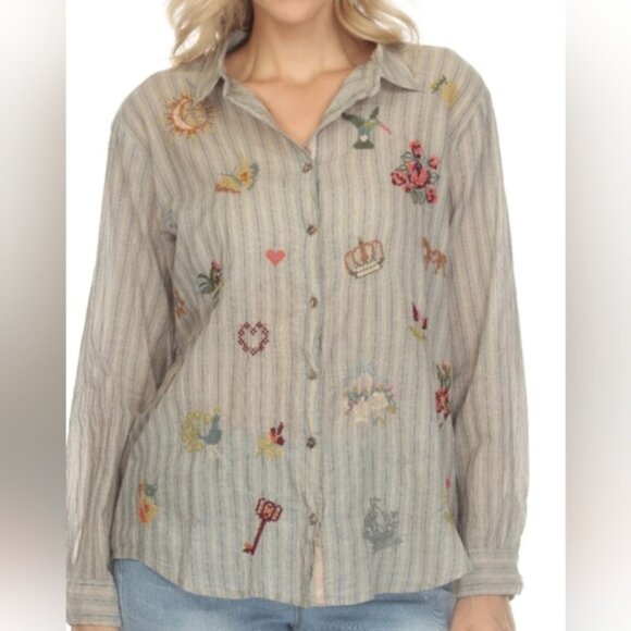 Johnny Was Alexandria Oversized Stripe Shirt Embroidered Cotton L Hummingbird - Picture 1 of 7